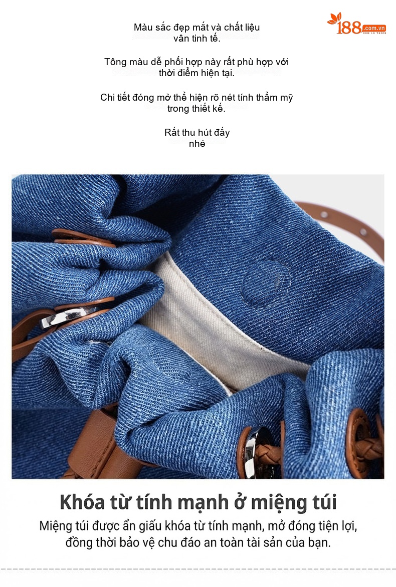 Túi Đeo Vai/Đeo Chéo/Ba lô Rút Dây Vải Denim Phong Cách Vintage Dung Tích Lớn chi tiết 12
