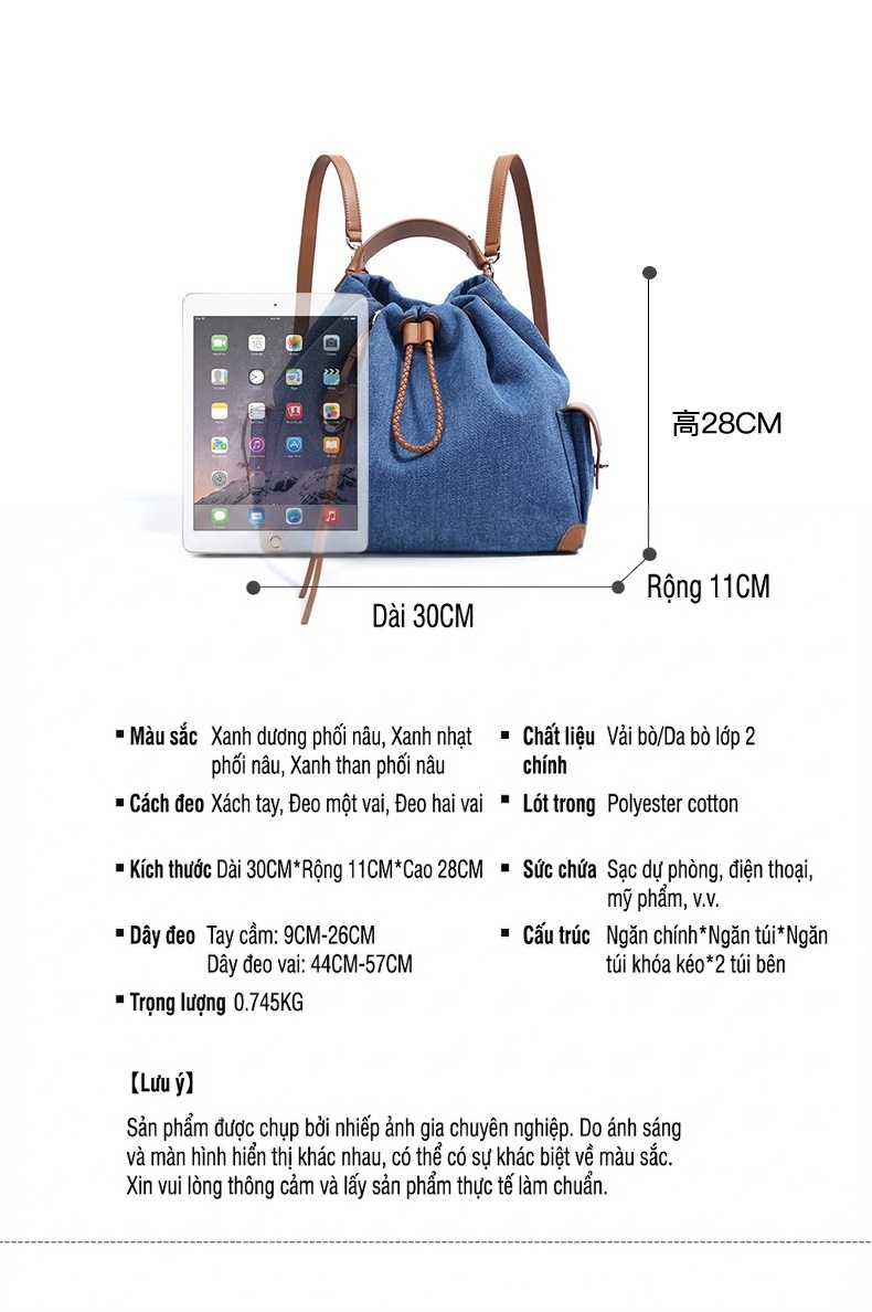 Túi Đeo Vai/Đeo Chéo/Ba lô Rút Dây Vải Denim Phong Cách Vintage Dung Tích Lớn chi tiết 25