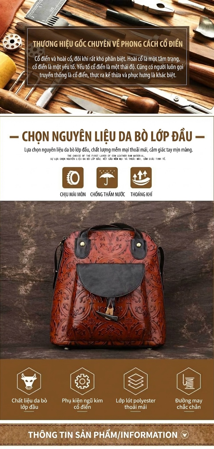 Túi Đeo Vai/Đeo Chéo/Đeo Lưng Nữ Da Thật Dập Hoa Văn Vintage Màu Nâu, Đen chi tiết 1