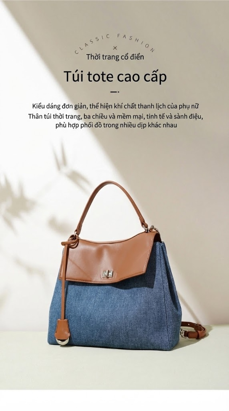 Túi Đeo Vai/Đeo Chéo/Đeo Sau Lưng Da Bò Vải Canvas Thiết Kế Mới 2025 Màu Xanh Dương, Nâu chi tiết 2