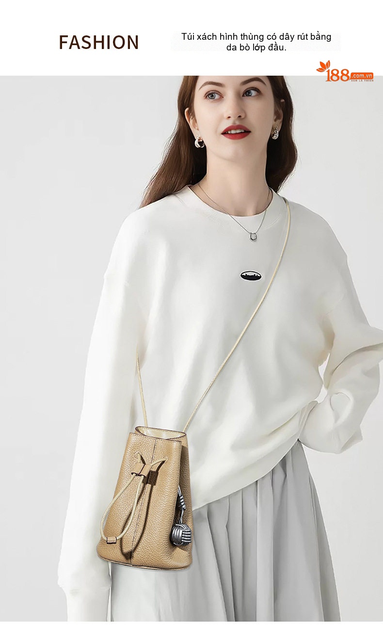 Túi Đeo Vai/Đeo Chéo Mini Dây Rút Nữ Da Bò Phong Cách Retro Màu Nâu, Be chi tiết 2