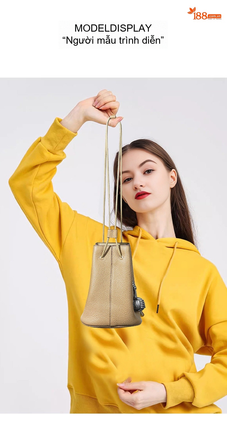 Túi Đeo Vai/Đeo Chéo Mini Dây Rút Nữ Da Bò Phong Cách Retro Màu Nâu, Be chi tiết 13