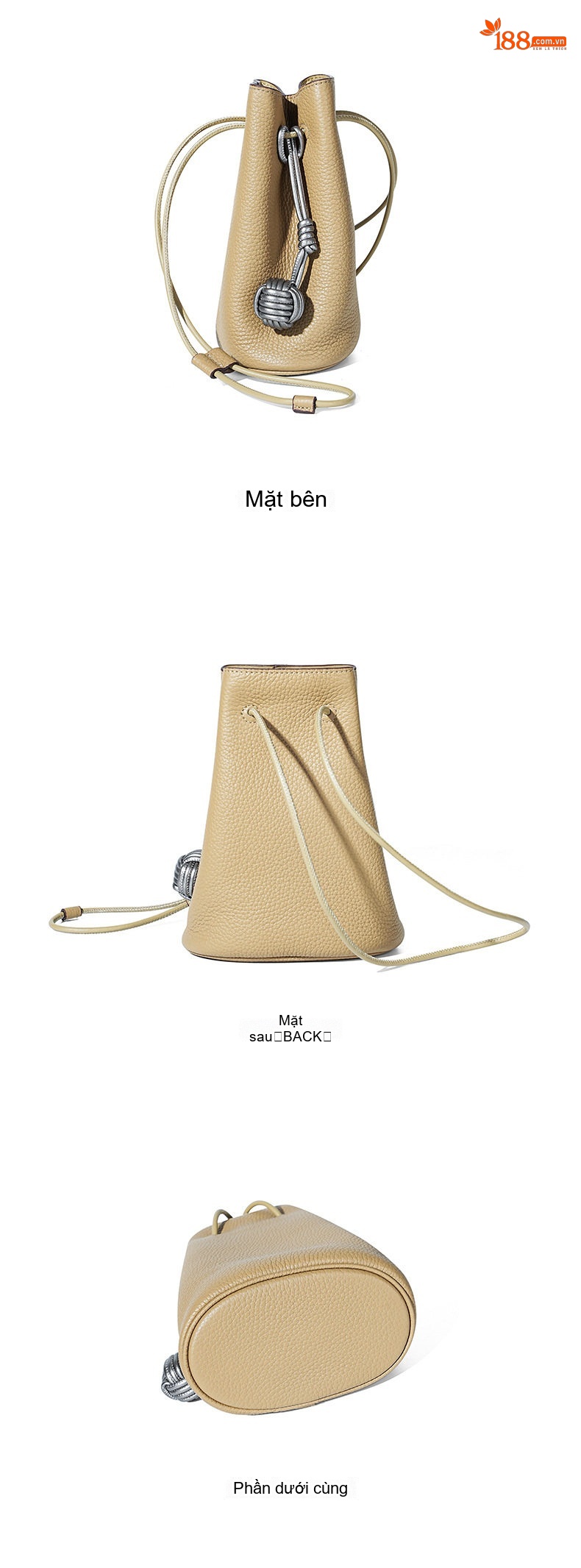 Túi Đeo Vai/Đeo Chéo Mini Dây Rút Nữ Da Bò Phong Cách Retro Màu Nâu, Be chi tiết 19