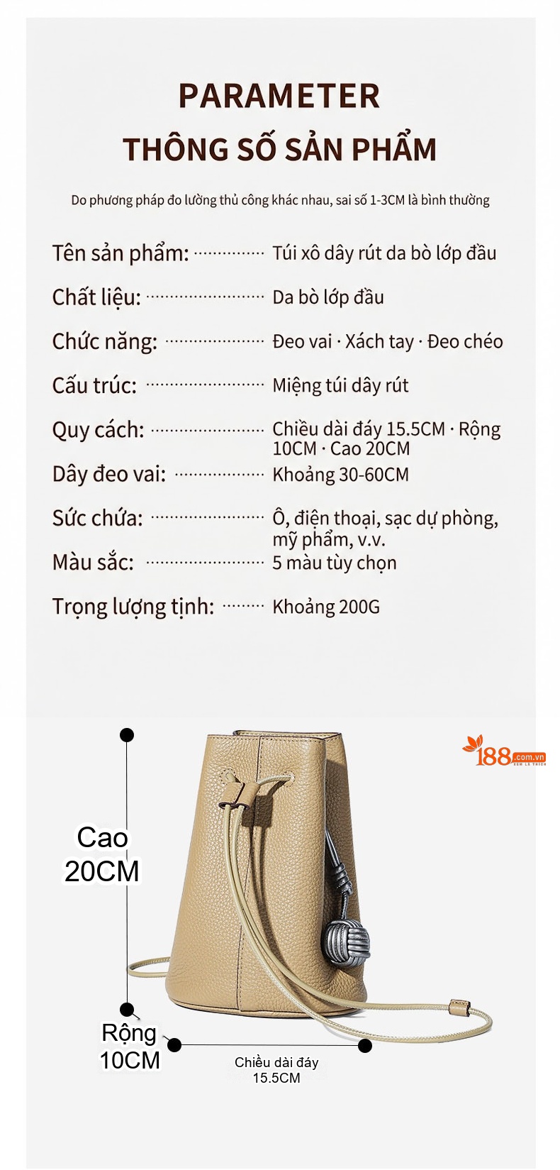 Túi Đeo Vai/Đeo Chéo Mini Dây Rút Nữ Da Bò Phong Cách Retro Màu Nâu, Be chi tiết 4