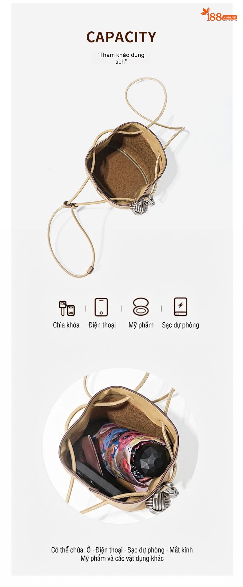 Túi Đeo Vai/Đeo Chéo Mini Dây Rút Nữ Da Bò Phong Cách Retro Màu Nâu, Be chi tiết 5