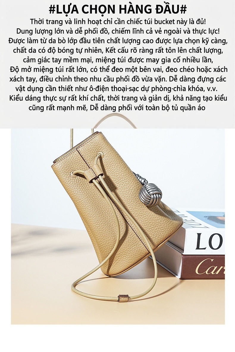 Túi Đeo Vai/Đeo Chéo Mini Dây Rút Nữ Da Bò Phong Cách Retro Màu Nâu, Be chi tiết 6