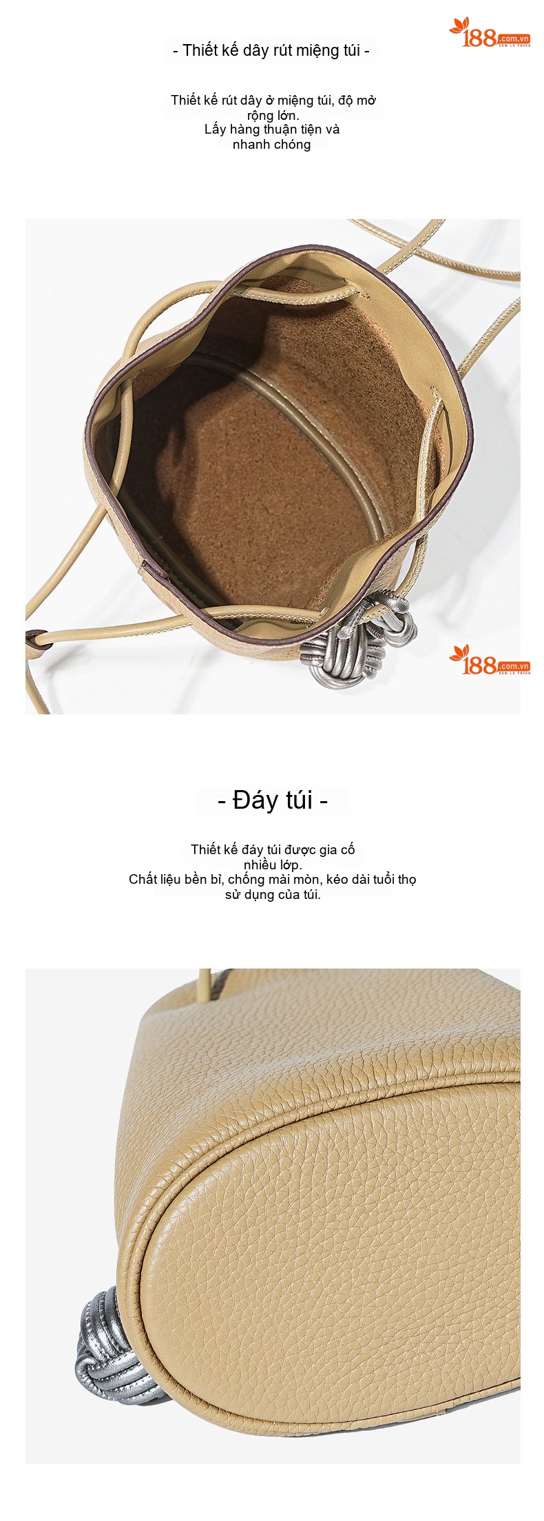 Túi Đeo Vai/Đeo Chéo Mini Dây Rút Nữ Da Bò Phong Cách Retro Màu Nâu, Be chi tiết 17