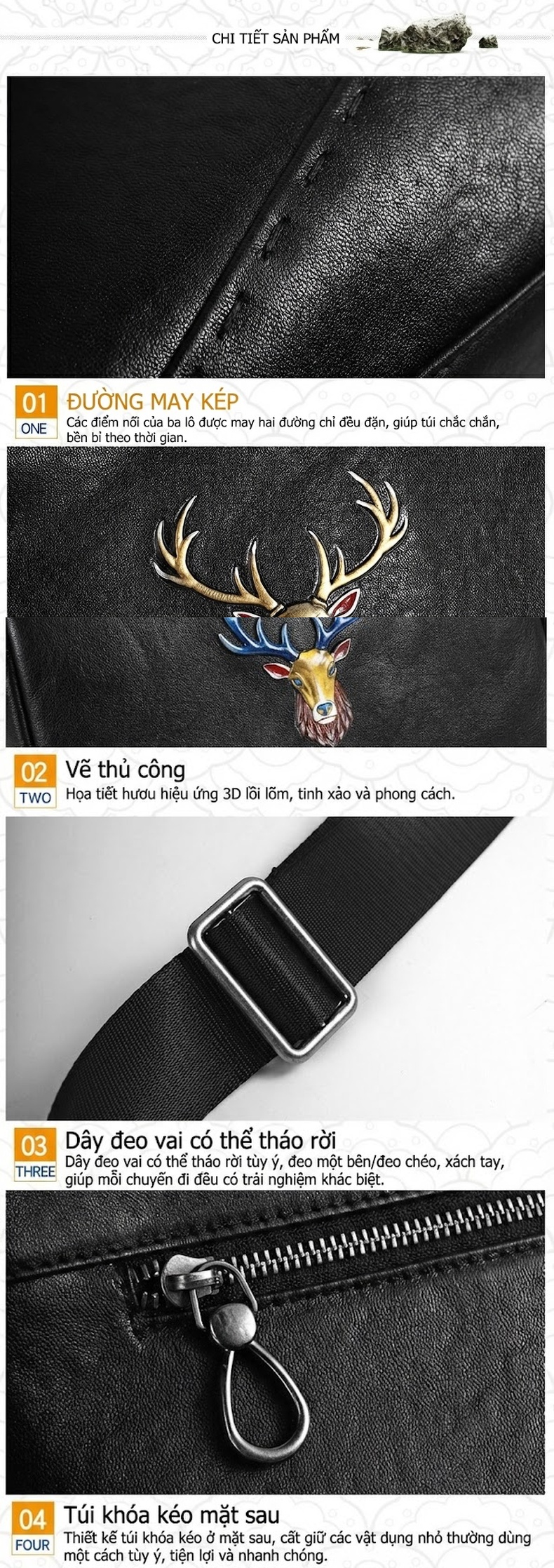 Túi Đeo Vai/Đeo Chéo Nam Da Bò Phong Cách Retro Màu Đen chi tiết 5