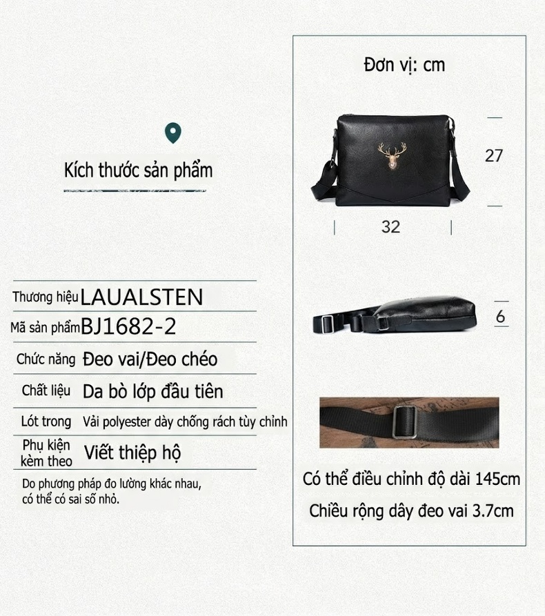 Túi Đeo Vai/Đeo Chéo Nam Da Bò Phong Cách Retro Màu Đen