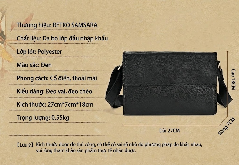 Túi Đeo Vai/Đeo Chéo Nam Da Bò Thủ Công Gọn Nhẹ Màu Đen chi tiết 3
