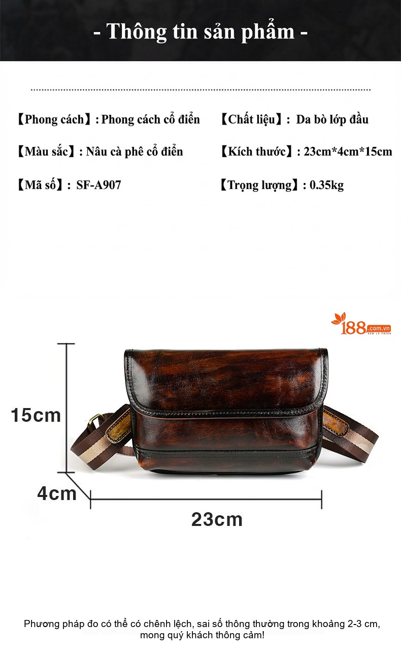 Túi Đeo Vai/Đeo Chéo Nam Da Thật Thủ Công Vintage Màu Nâu chi tiết 3