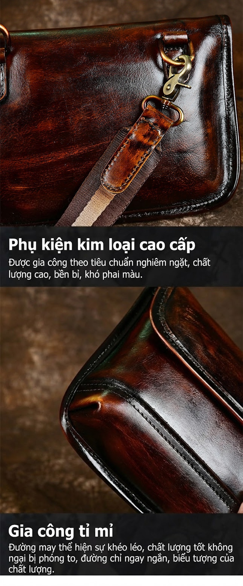Túi Đeo Vai/Đeo Chéo Nam Da Thật Thủ Công Vintage Màu Nâu chi tiết 10