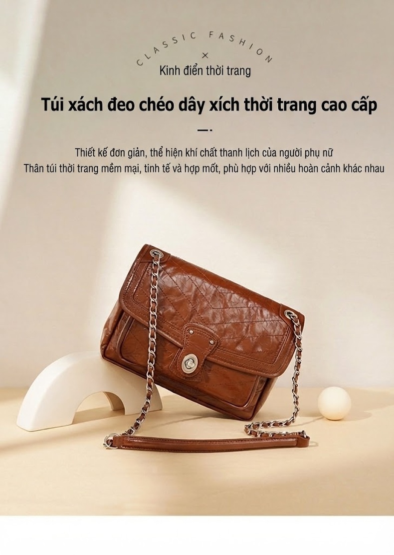 Túi Đeo Vai/Đeo Chéo Nữ Bề Mặt Da Bóng Ô Trám Dây Xích Cỡ Lớn Màu Nâu, Xanh chi tiết 1