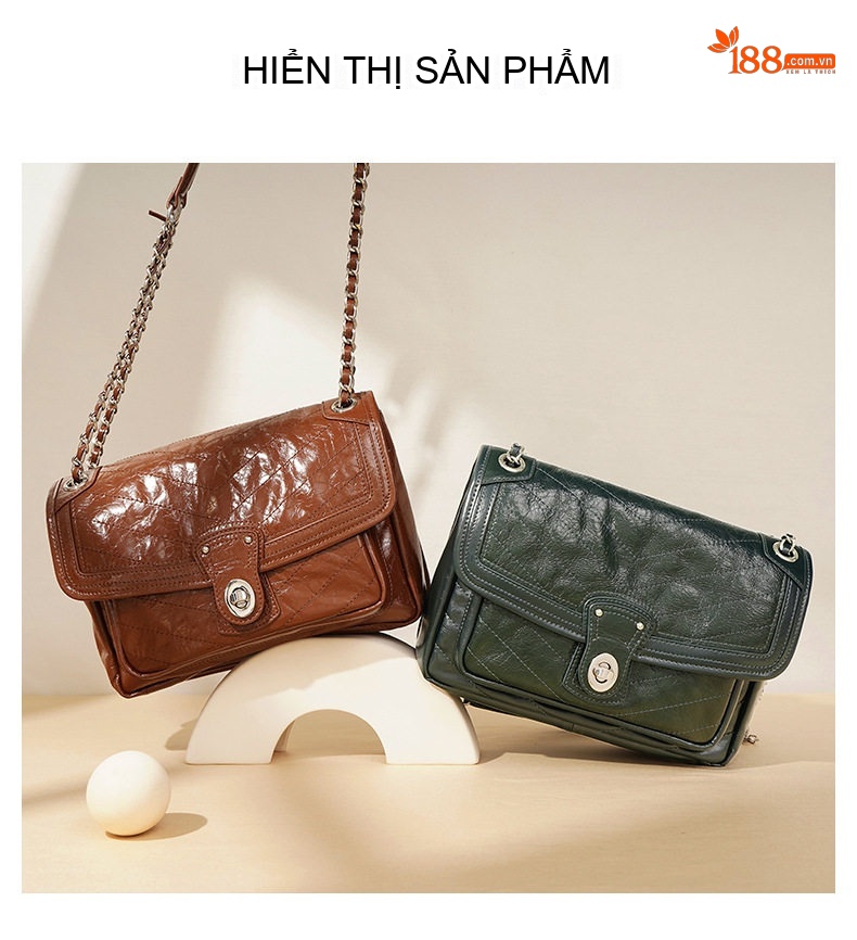 Túi Đeo Vai/Đeo Chéo Nữ Bề Mặt Da Bóng Ô Trám Dây Xích Cỡ Lớn Màu Nâu, Xanh chi tiết 2