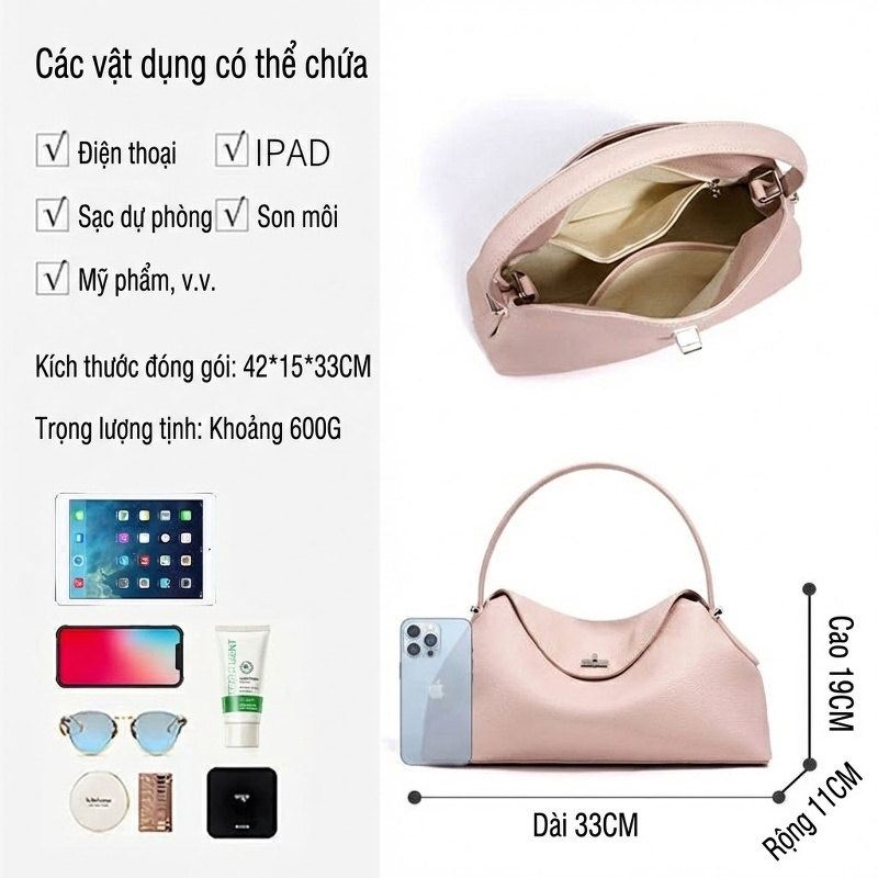 Túi Đeo Vai/Đeo Chéo Nữ Da Bò Công Sở Dung Tích Lớn Màu Đen, Nâu, Hồng