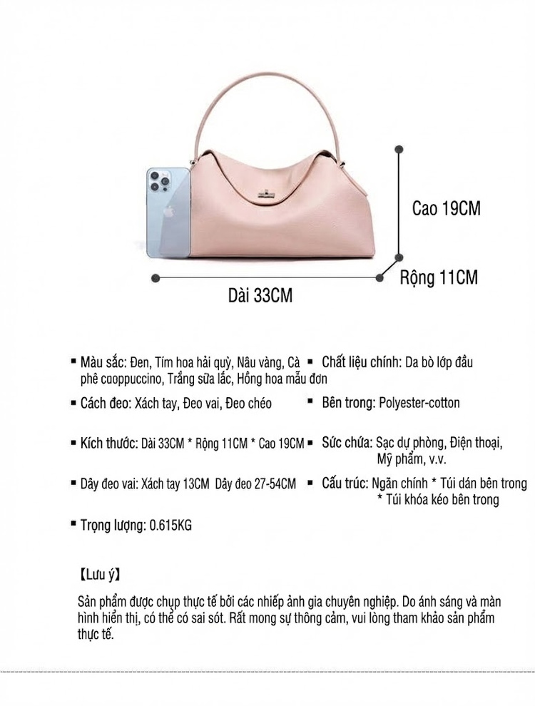 Túi Đeo Vai/Đeo Chéo Nữ Da Bò Công Sở Dung Tích Lớn Màu Đen, Nâu, Hồng chi tiết 8