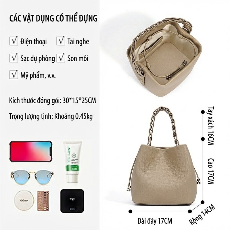 Túi Đeo Vai/Đeo Chéo Nữ Da Bò Dáng Thùng Quai Xách Bện Phong Cách Công Sở