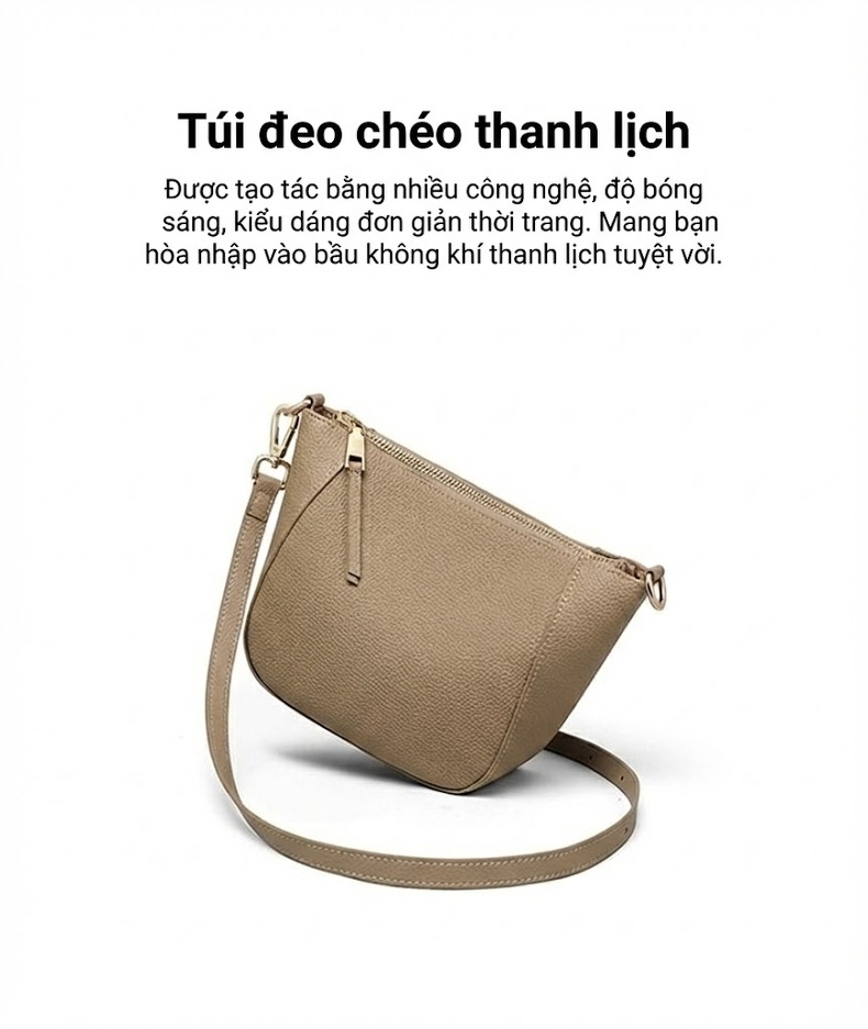 Túi Đeo Vai/Đeo Chéo Nữ Da Bò Dáng Túi Bánh Bao Mini Đựng Điện Thoại Màu Be chi tiết 2