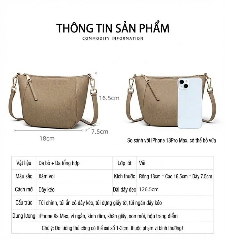 Túi Đeo Vai/Đeo Chéo Nữ Da Bò Dáng Túi Bánh Bao Mini Đựng Điện Thoại Màu Be chi tiết 6