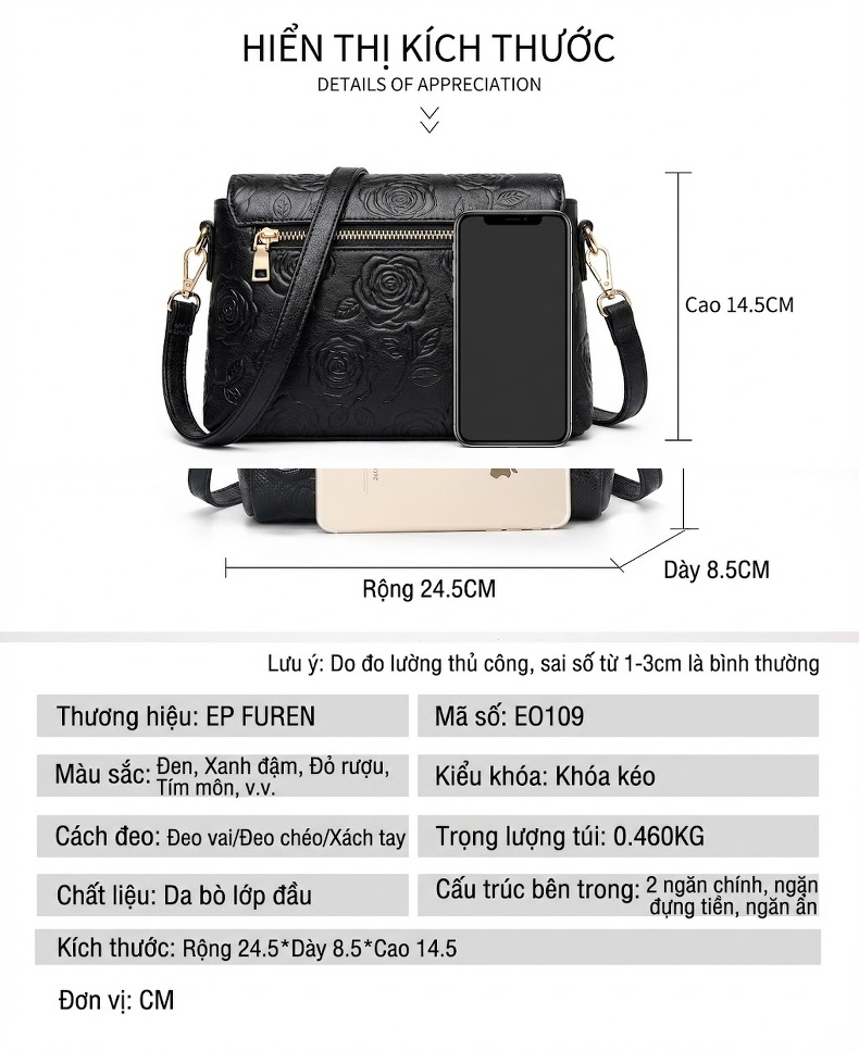 Túi Đeo Vai/Đeo Chéo Nữ Da Bò Dáng Vuông Nhỏ Gọn Thời Trang Màu Đen chi tiết 17