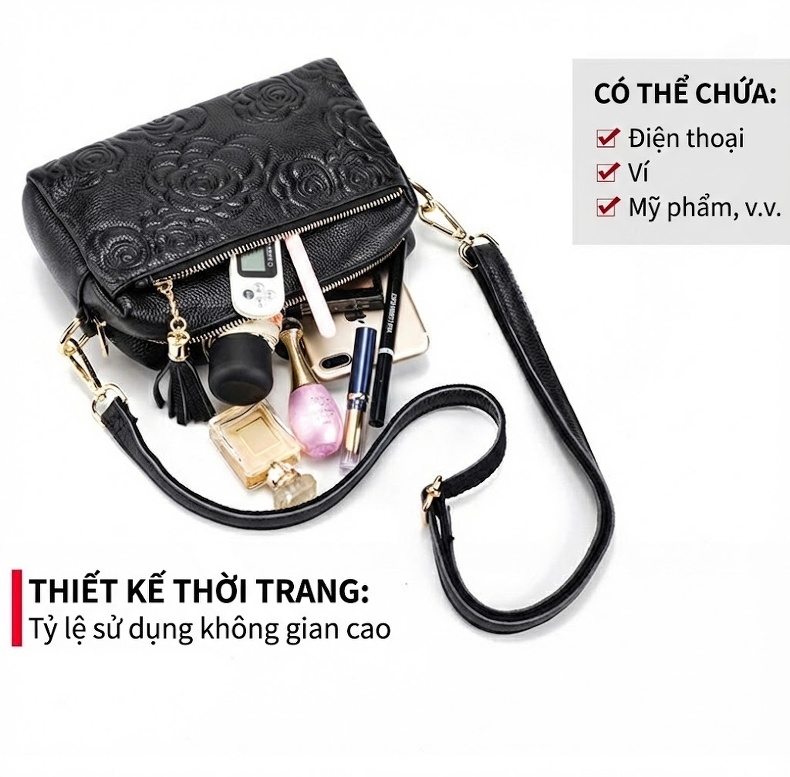 Túi Đeo Vai/Đeo Chéo Nữ Da Bò Dáng Vuông Nhỏ Gọn Thời Trang Màu Đen chi tiết 5