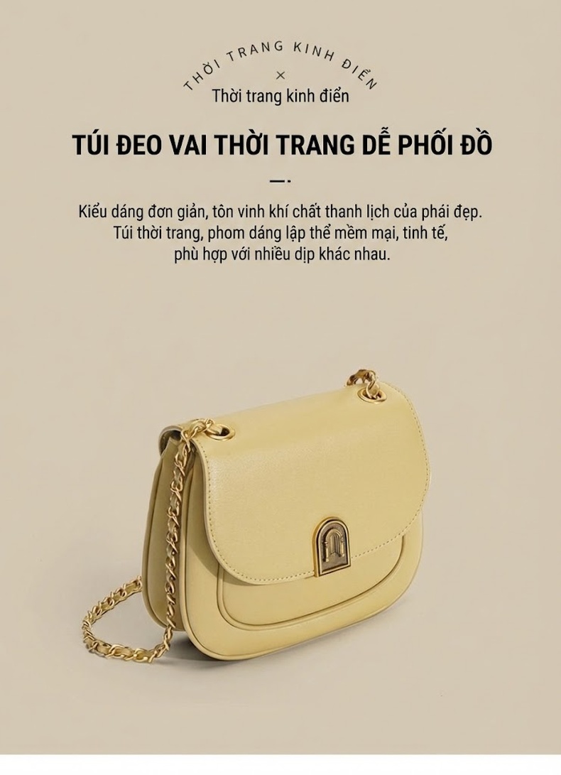 Túi Đeo Vai/Đeo Chéo Nữ Da Bò Dáng Yên Ngựa Phối Màu Đen, Vàng Kem, Trắng chi tiết 6