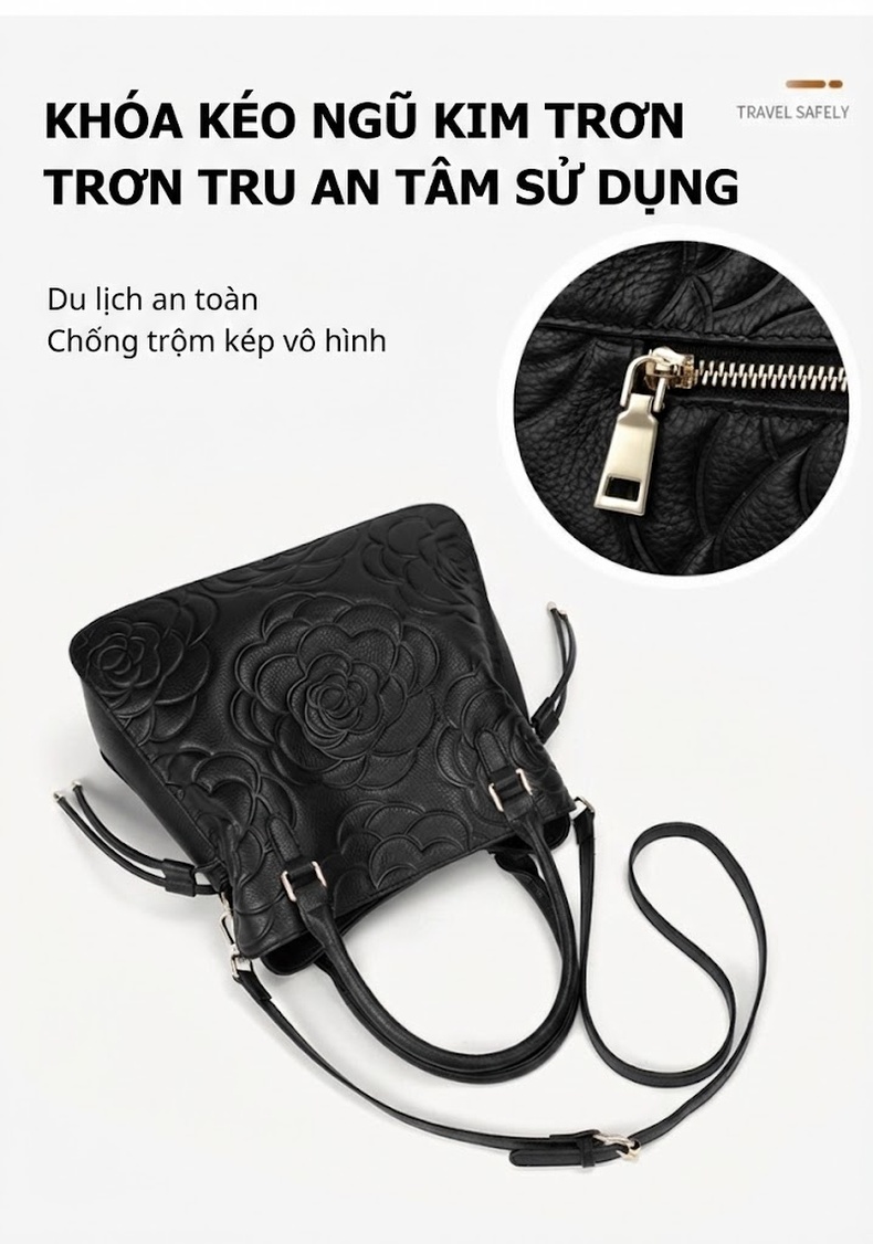 Túi Đeo Vai/Đeo Chéo Nữ Da Bò Dập Hoa, Túi Xách Tay Công Sở Dung Tích Lớn Màu Đen chi tiết 5