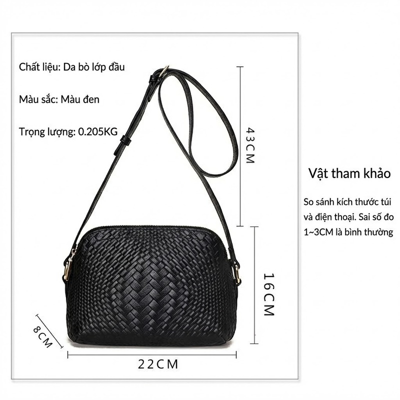 Túi Đeo Vai/Đeo Chéo Nữ Da Bò Dệt Kiểu Dáng Thời Trang Màu Đen