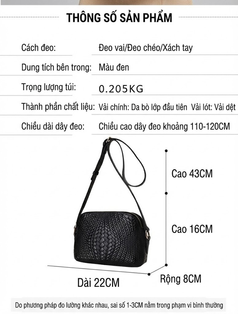 Túi Đeo Vai/Đeo Chéo Nữ Da Bò Dệt Kiểu Dáng Thời Trang Màu Đen chi tiết 4