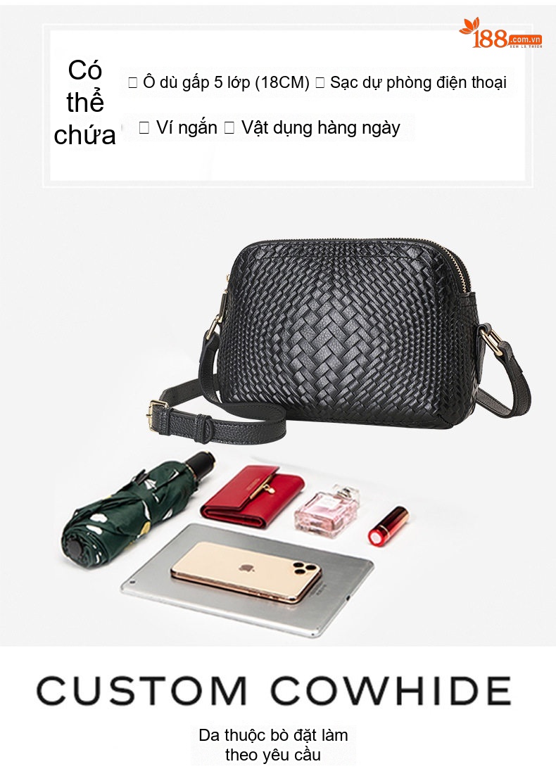 Túi Đeo Vai/Đeo Chéo Nữ Da Bò Dệt Kiểu Dáng Thời Trang Màu Đen chi tiết 9