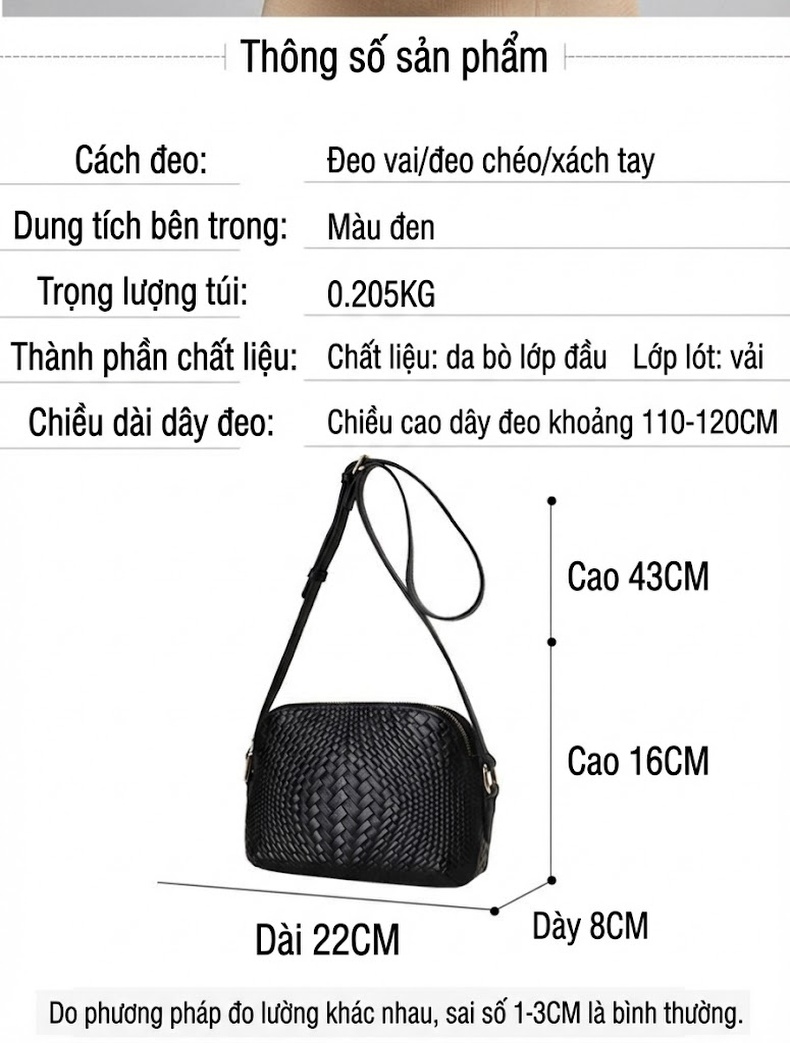 Túi Đeo Vai/Đeo Chéo Nữ Da Bò Dệt Kiểu Dáng Thời Trang Màu Đen chi tiết 21