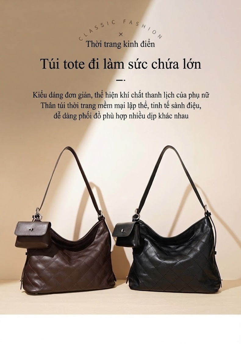 Túi Đeo Vai/Đeo Chéo Nữ Da Bò Hai Lớp Phong Cách Retro, Túi Tote Công Sở Dung Tích Lớn Màu Đen, Nâu chi tiết 1
