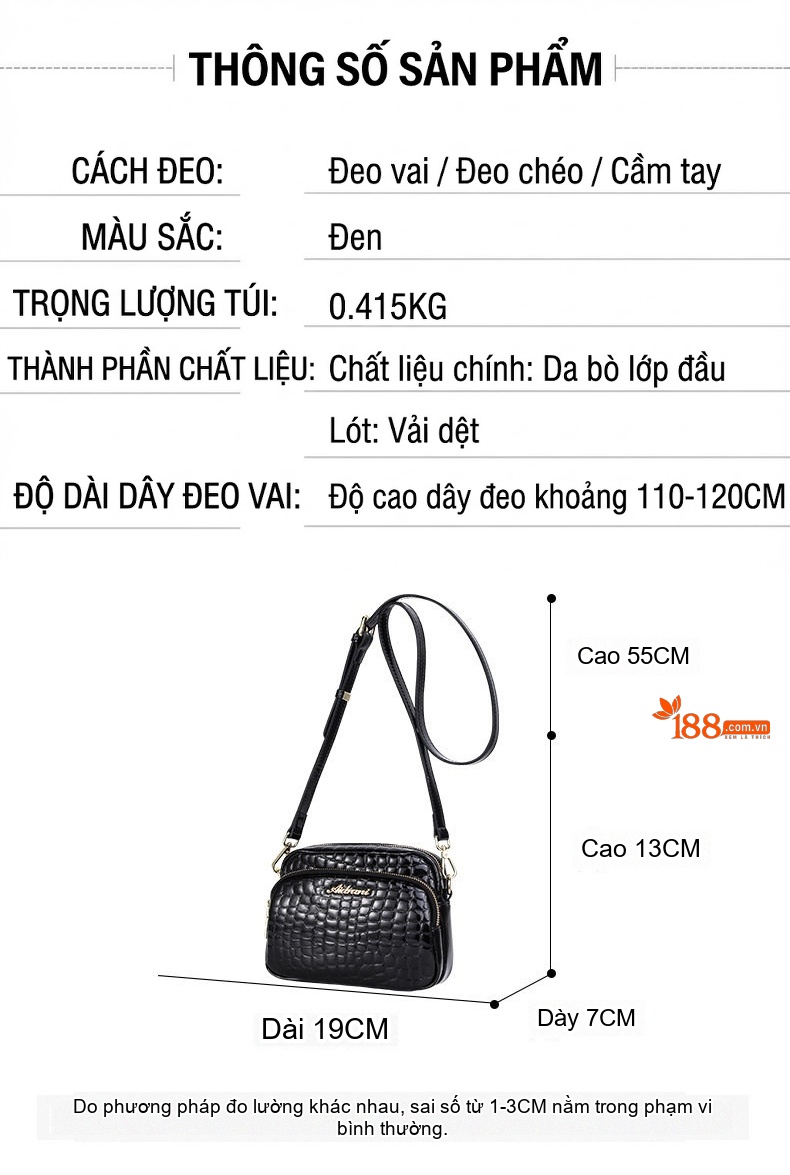 Túi Đeo Vai/Đeo Chéo Nữ Da Bò Họa Tiết Đá Thời Trang Màu Đen chi tiết 3