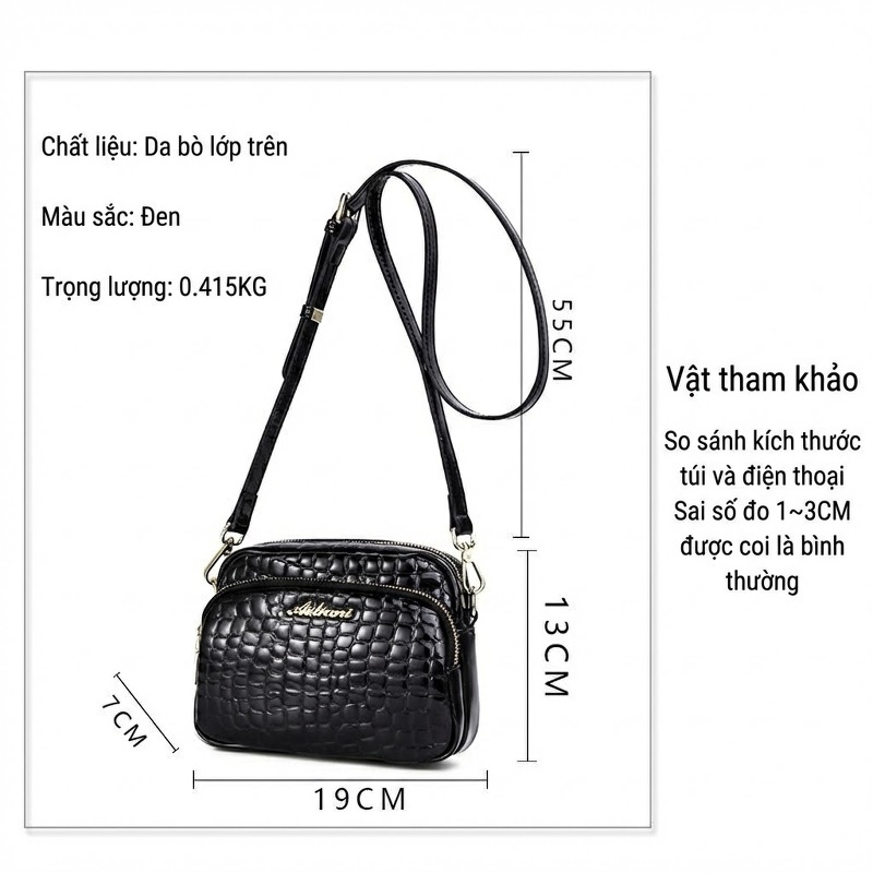 Túi Đeo Vai/Đeo Chéo Nữ Da Bò Họa Tiết Đá Thời Trang Màu Đen
