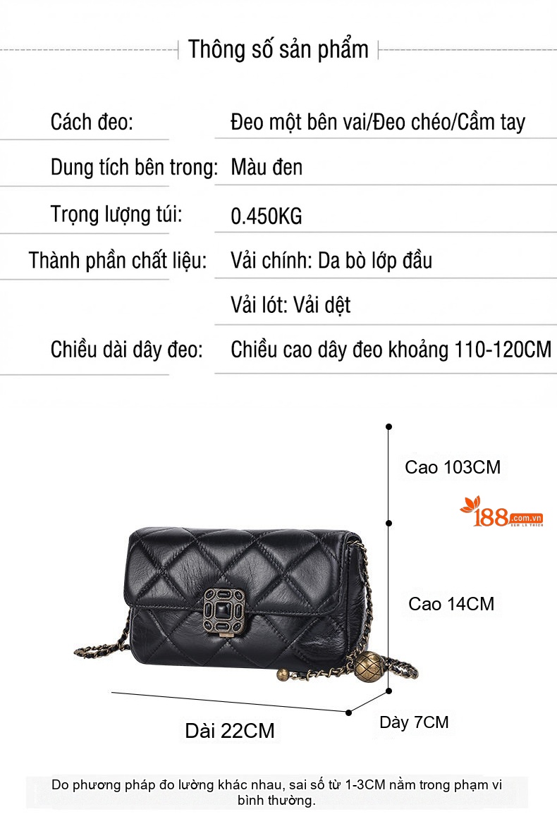 Túi Đeo Vai/Đeo Chéo Nữ Da Bò Họa Tiết Ô Vuông Trám Phong Cách Cổ Điển Màu Đen chi tiết 3