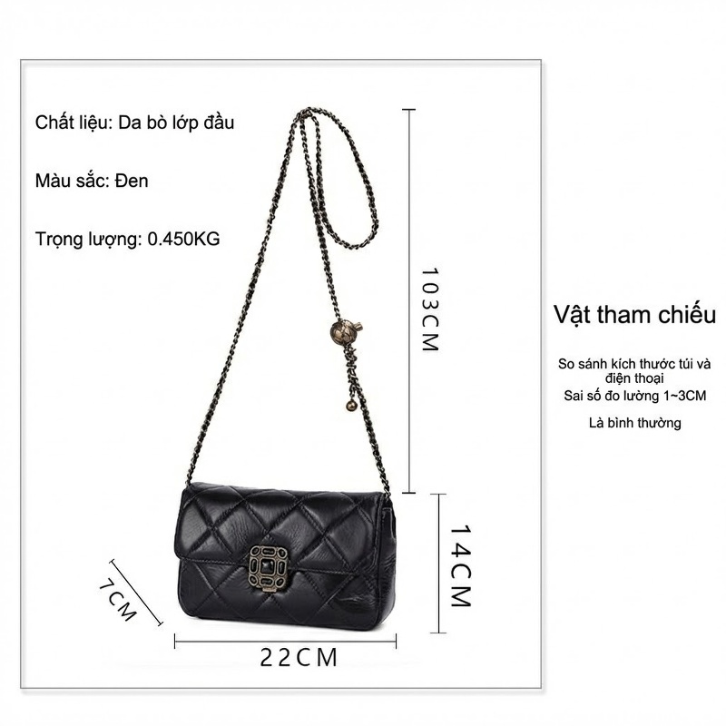Túi Đeo Vai/Đeo Chéo Nữ Da Bò Họa Tiết Ô Vuông Trám Phong Cách Cổ Điển Màu Đen