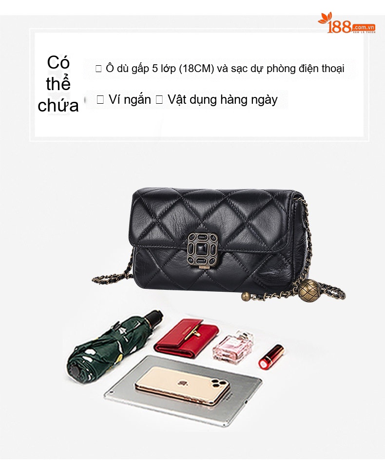Túi Đeo Vai/Đeo Chéo Nữ Da Bò Họa Tiết Ô Vuông Trám Phong Cách Cổ Điển Màu Đen chi tiết 8