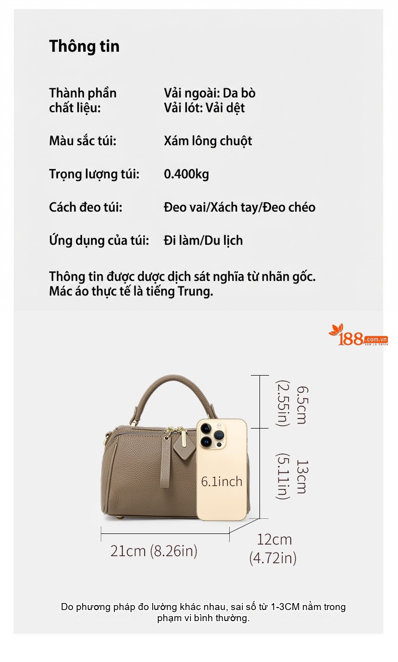 Túi Đeo Vai/Đeo Chéo Nữ Da Bò Kiểu Dáng Gối Nhỏ Gọn Màu Đen, Nâu chi tiết 3