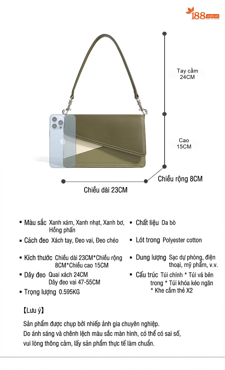 Túi Đeo Vai/Đeo Chéo Nữ Da Bò Kiểu Hộp Nhỏ, Thiết Kế Tối Giản Màu Xanh Olive, Trắng Ngà, Hồng Pastel chi tiết 7