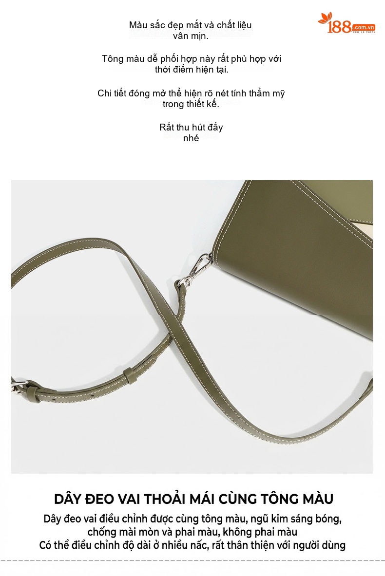 Túi Đeo Vai/Đeo Chéo Nữ Da Bò Kiểu Hộp Nhỏ, Thiết Kế Tối Giản Màu Xanh Olive, Trắng Ngà, Hồng Pastel chi tiết 11