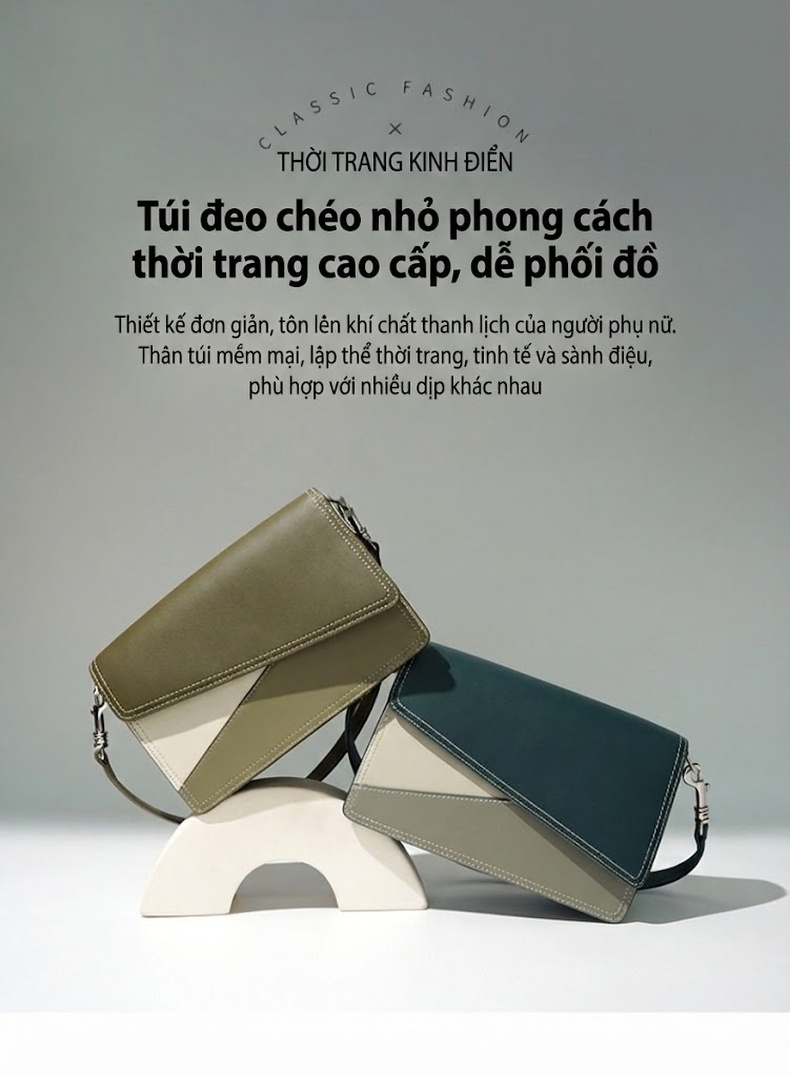 Túi Đeo Vai/Đeo Chéo Nữ Da Bò Kiểu Hộp Nhỏ, Thiết Kế Tối Giản Màu Xanh Olive, Trắng Ngà, Hồng Pastel chi tiết 1