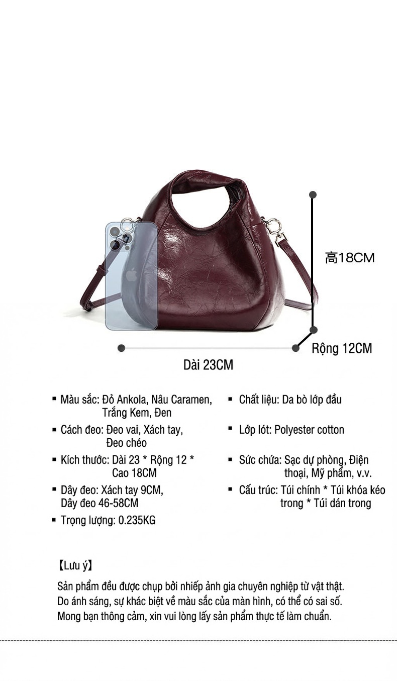 Túi Đeo Vai/Đeo Chéo Nữ Da Bò Lớp Đầu Cao Cấp Phong Cách Cổ Điển Màu Đen, Đỏ Rượu Vang chi tiết 7