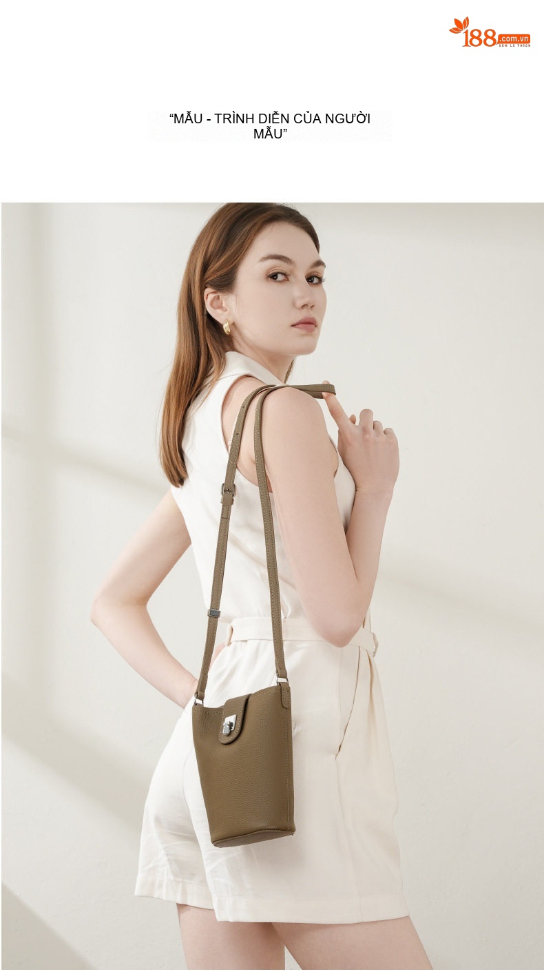 Túi Đeo Vai/Đeo Chéo Nữ Da Bò Mini Đựng Điện Thoại Dáng Thùng Màu Trắng Kem, Xanh Olive chi tiết 4