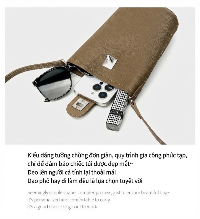 Túi Đeo Vai/Đeo Chéo Nữ Da Bò Mini Đựng Điện Thoại Dáng Thùng Màu Trắng Kem, Xanh Olive chi tiết 21
