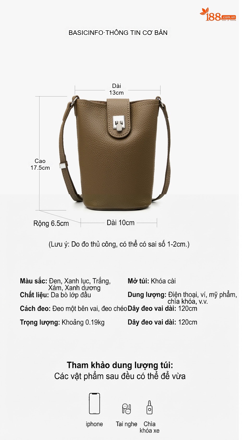 Túi Đeo Vai/Đeo Chéo Nữ Da Bò Mini Đựng Điện Thoại Dáng Thùng Màu Trắng Kem, Xanh Olive chi tiết 14