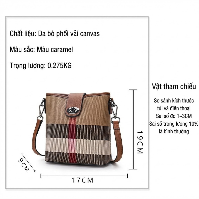 Túi Đeo Vai/Đeo Chéo Nữ Da Bò Phối Vải Bố Họa Tiết Kẻ Ô Vuông