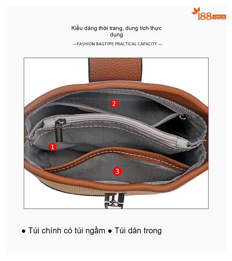 Túi Đeo Vai/Đeo Chéo Nữ Da Bò Phối Vải Bố Họa Tiết Kẻ Ô Vuông chi tiết 6