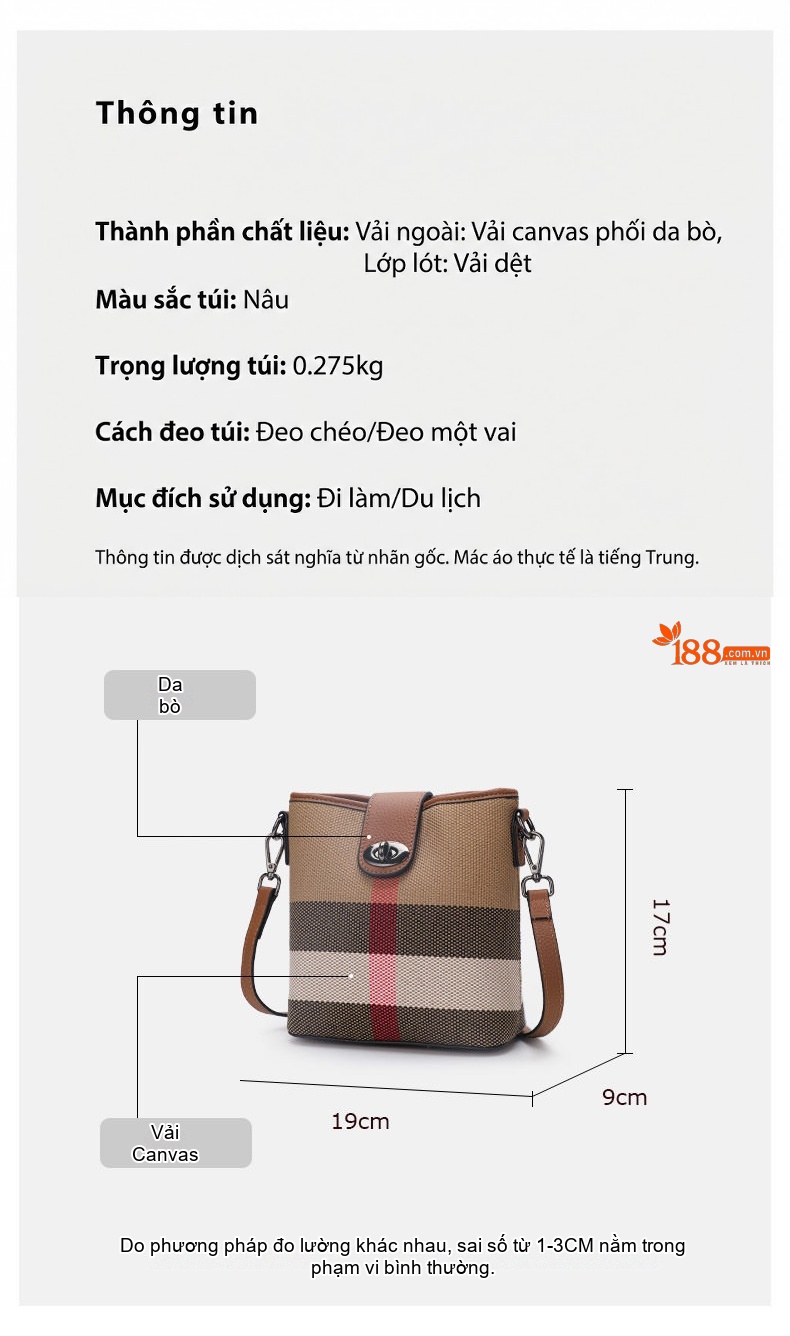 Túi Đeo Vai/Đeo Chéo Nữ Da Bò Phối Vải Bố Họa Tiết Kẻ Ô Vuông chi tiết 5