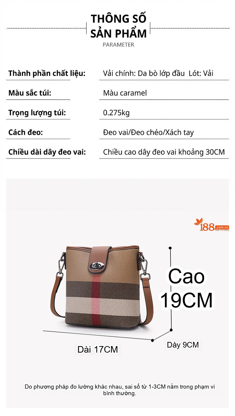 Túi Đeo Vai/Đeo Chéo Nữ Da Bò Phối Vải Bố Họa Tiết Kẻ Ô Vuông chi tiết 16