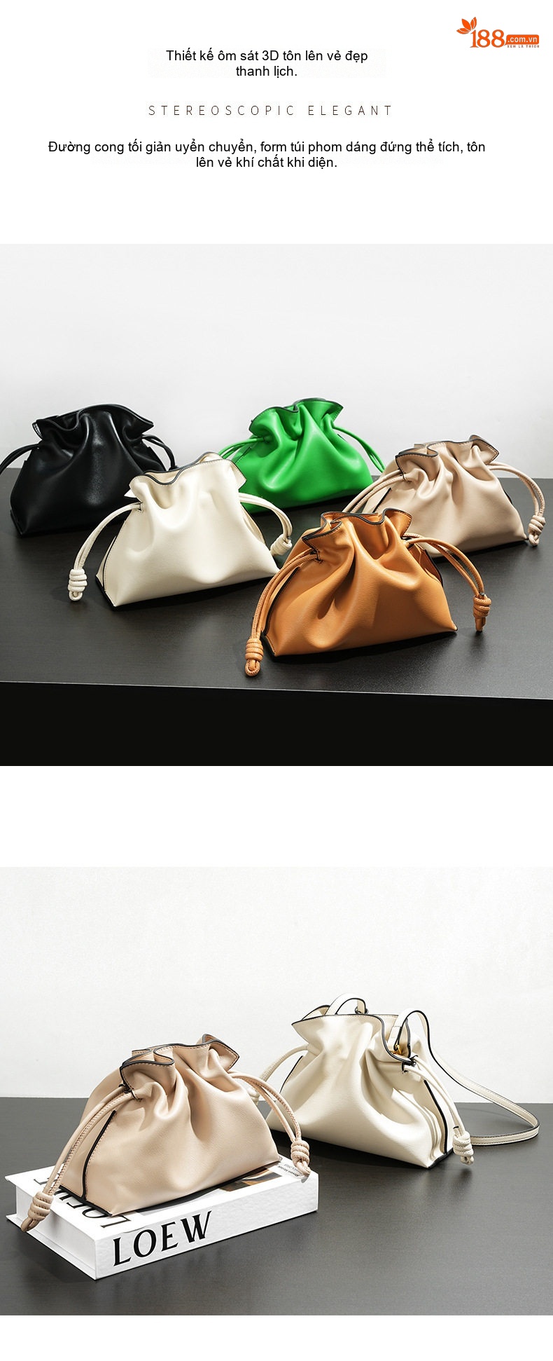 Túi Đeo Vai/Đeo Chéo Nữ Da Bò Rút Dây Kiểu Flamenco/Cloud Bag Màu Nâu, Kem chi tiết 14